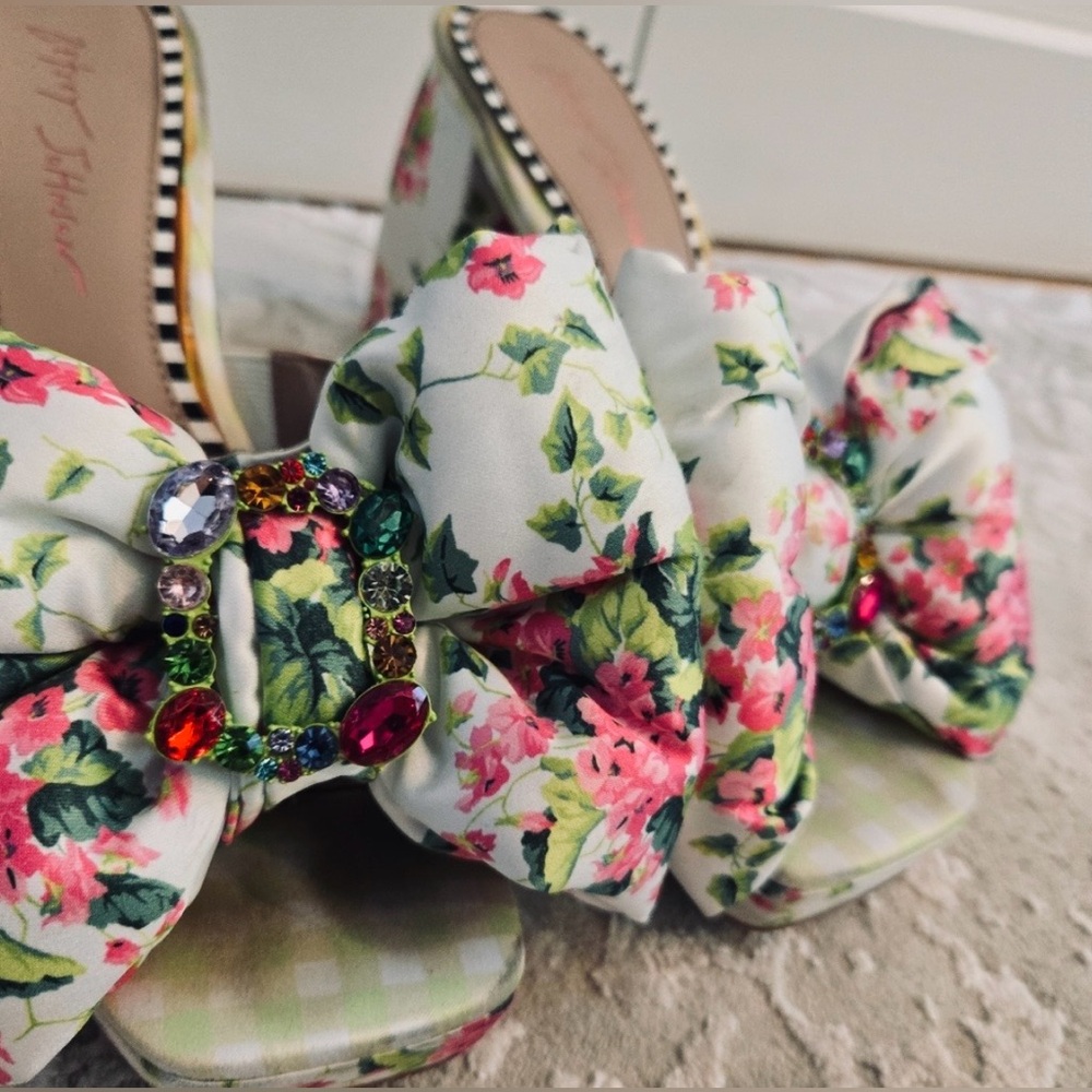 Betsey Johnson Pink, White & Green Floral with Jewel Mules & Chunky Heels - Picture 2 of 14